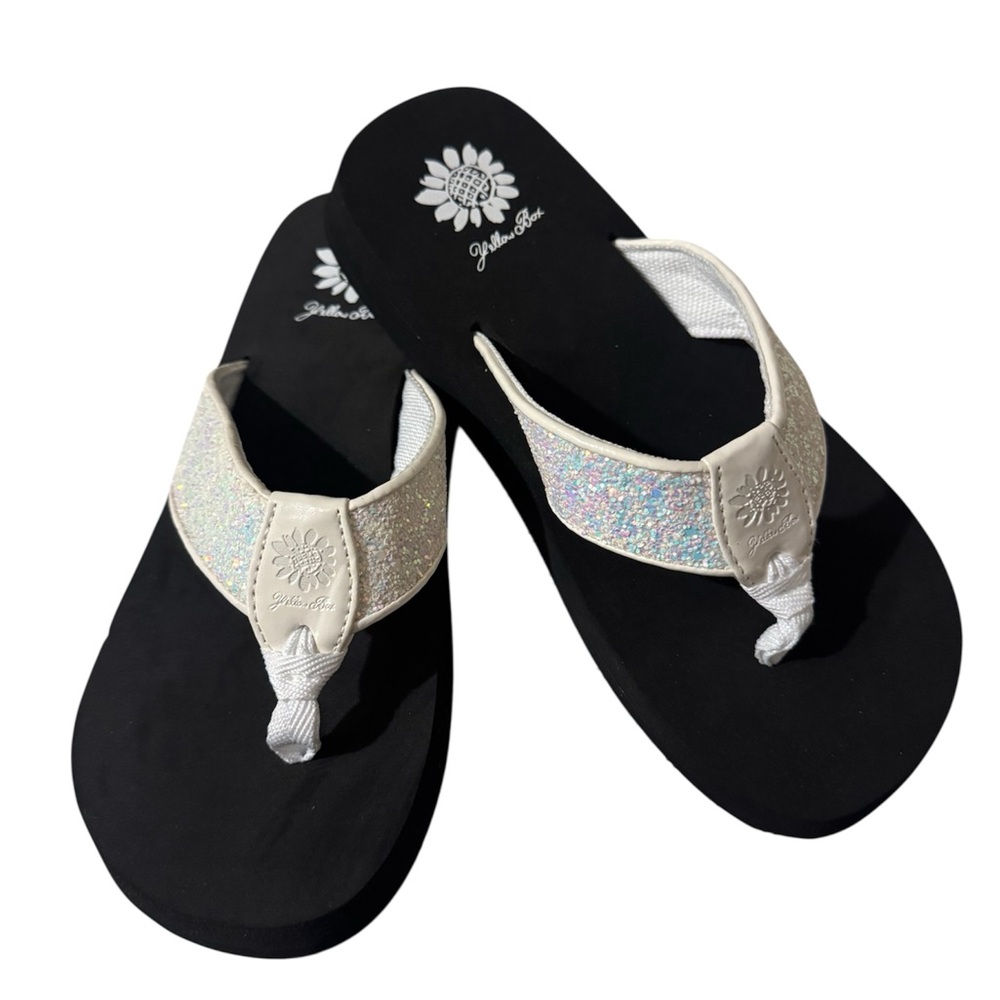 Yellow Box Iridescent Cream and Black Thong Sandals
